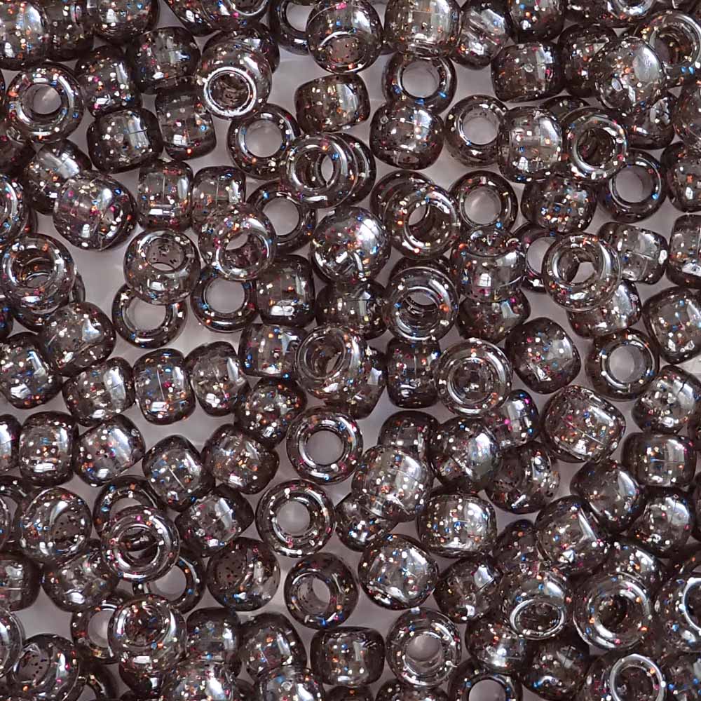 Jet Multi Glitter Plastic Pony Beads. Size 6 x 9 mm. Craft Beads. Made in the USA.