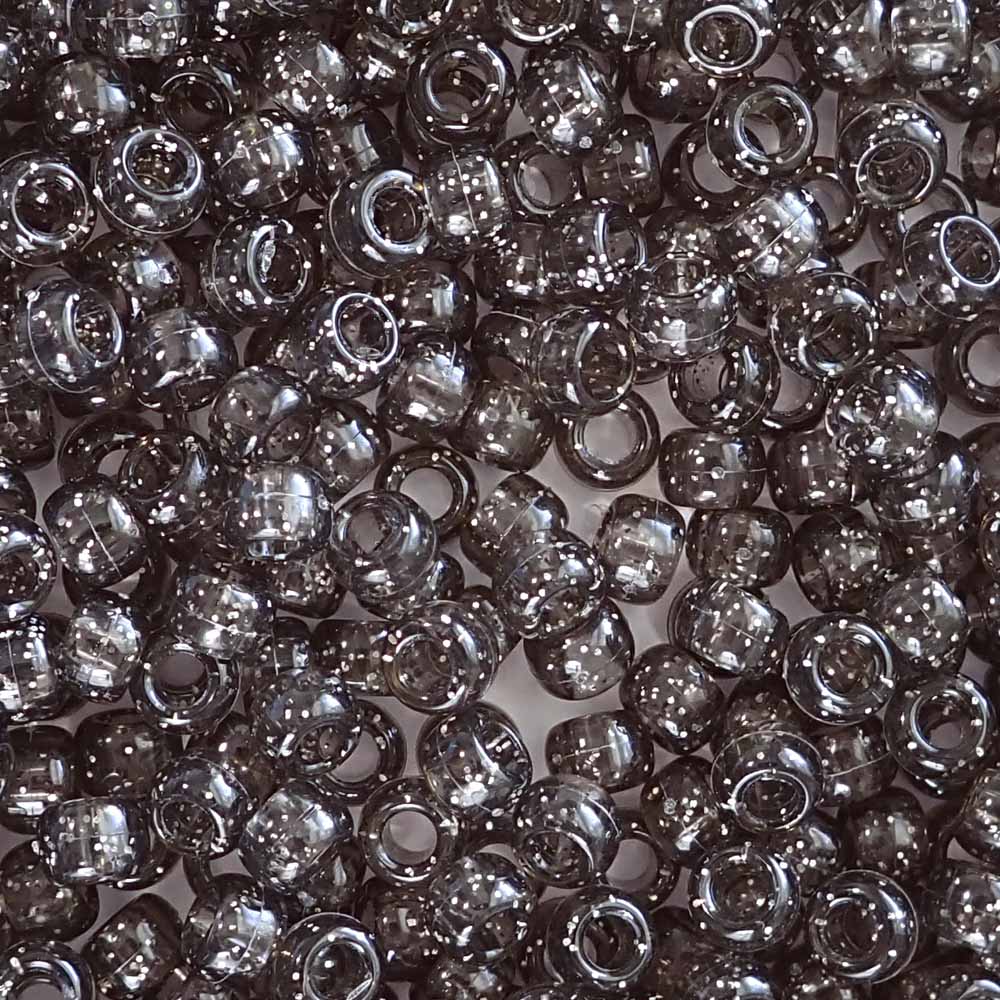 Jet Silver Glitter Plastic Pony Beads. Size 6 x 9 mm. Craft Beads. Made in the USA.