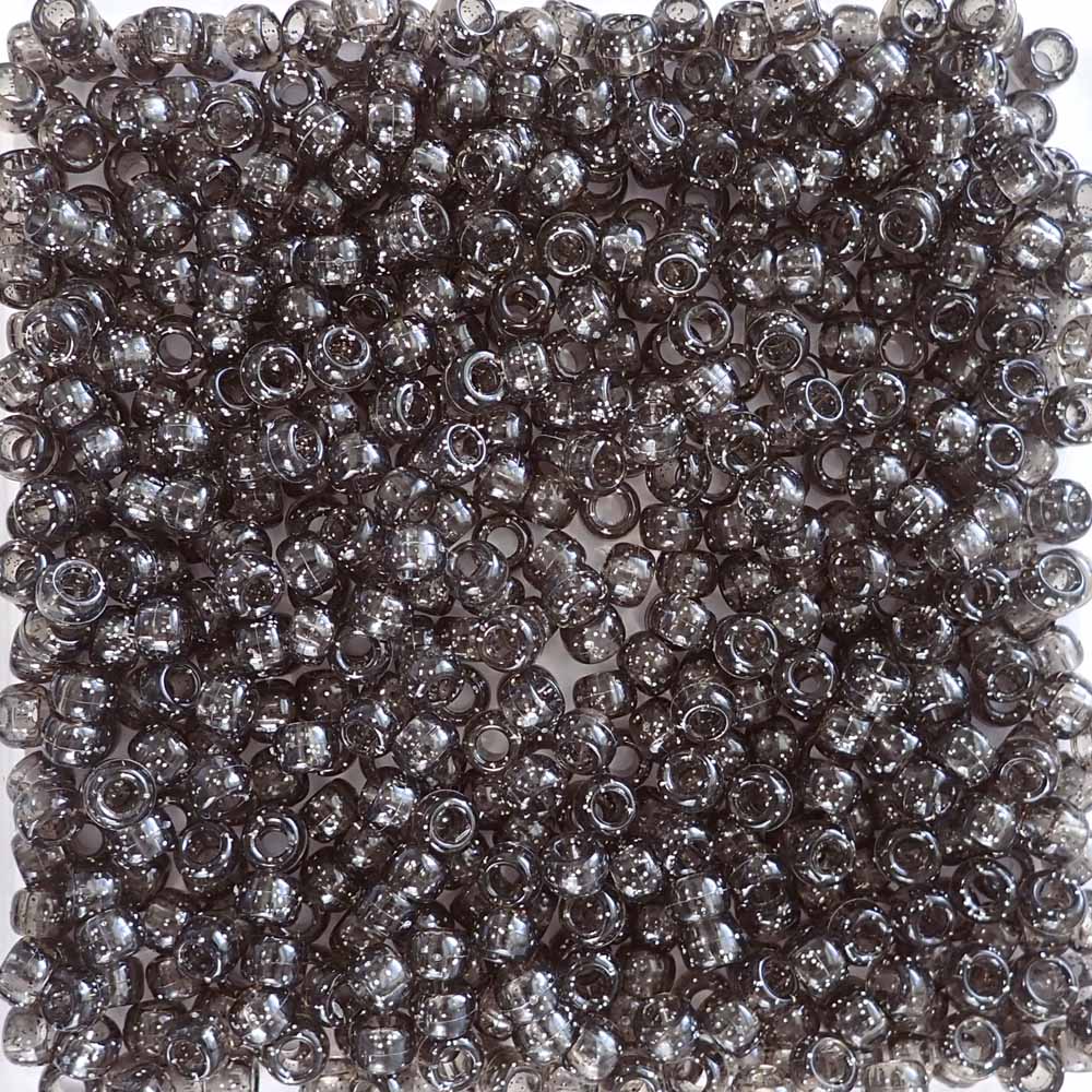 Jet Silver Glitter Plastic Pony Beads. Size 6 x 9 mm. Craft Beads. Made in the USA.