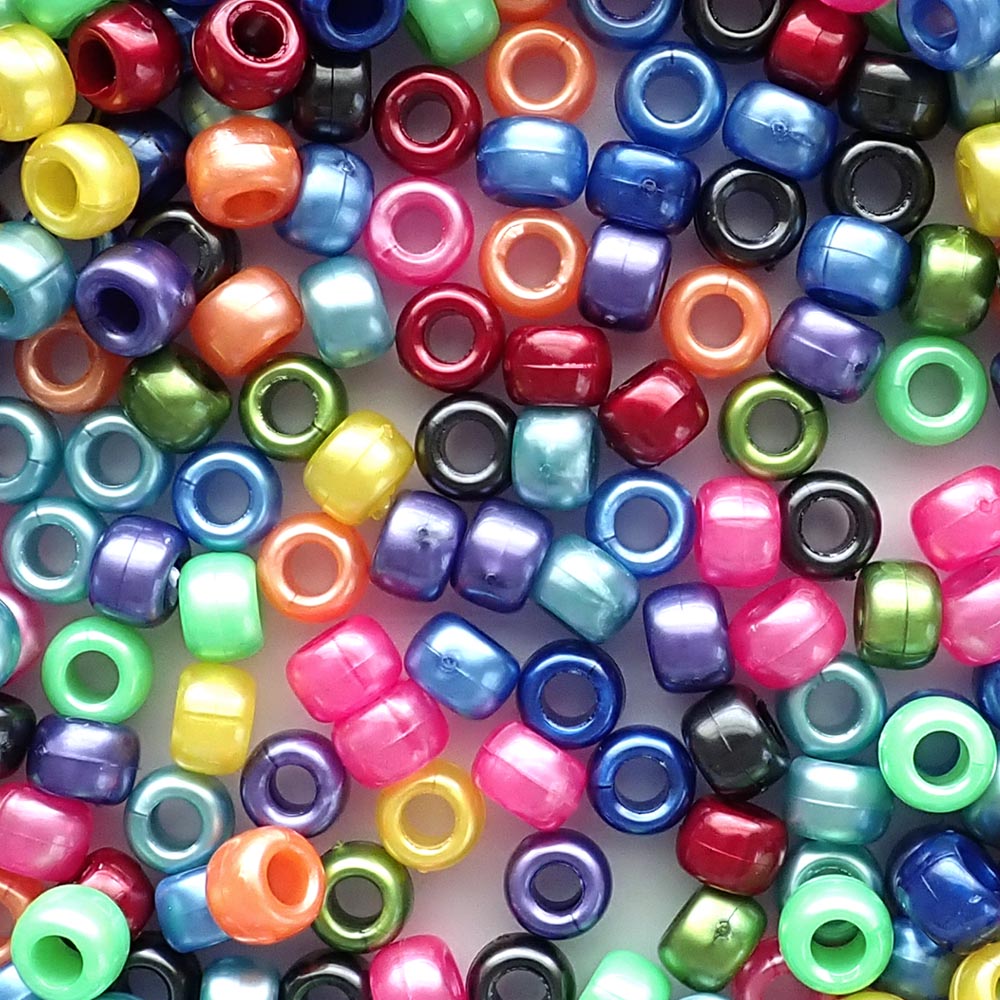 Dark Rainbow Pearl Plastic Pony Beads. Size 6 x 9 mm. Craft Beads. Made in the USA.