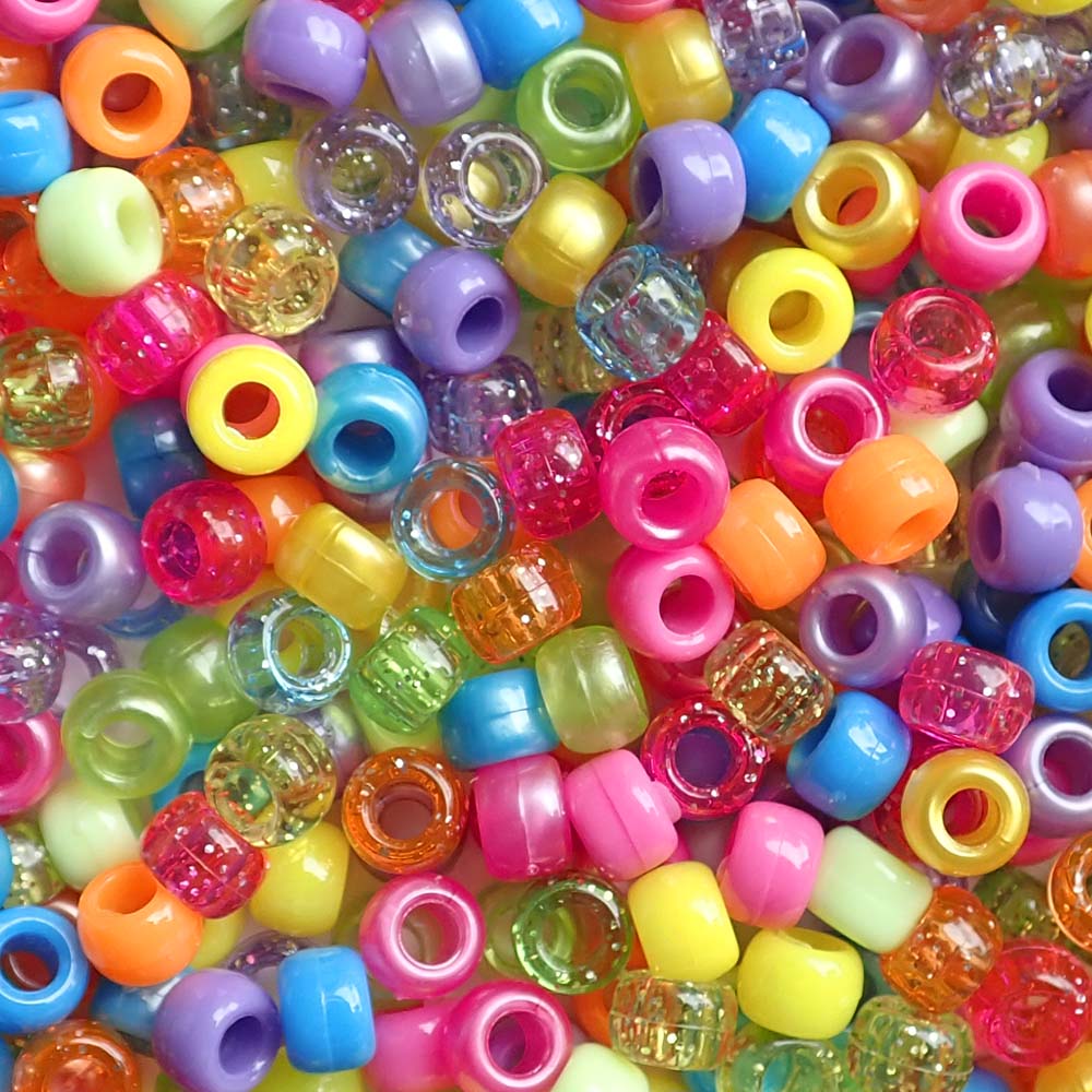 Bright multicolor mix of Plastic Pony Beads. Size 6 x 9 mm. Craft Beads for making bracelets, jewelry making, arts & crafts.
