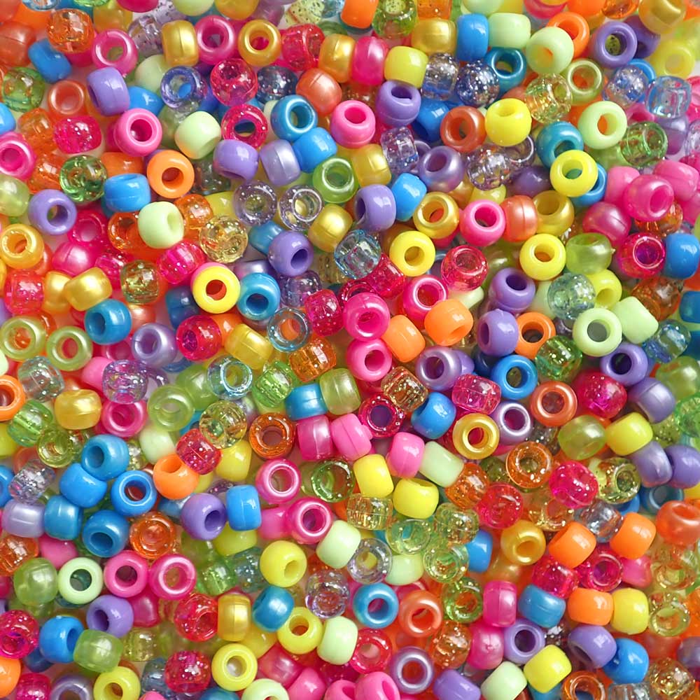 Bright multicolor mix of Plastic Pony Beads. Size 6 x 9 mm. Craft Beads for making bracelets, jewelry making, arts & crafts.
