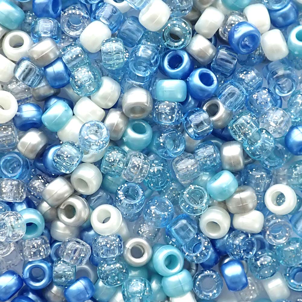 Blue Wonderland Mix Plastic Pony Beads. Size 6 x 9 mm. Craft Beads. Made in the USA.