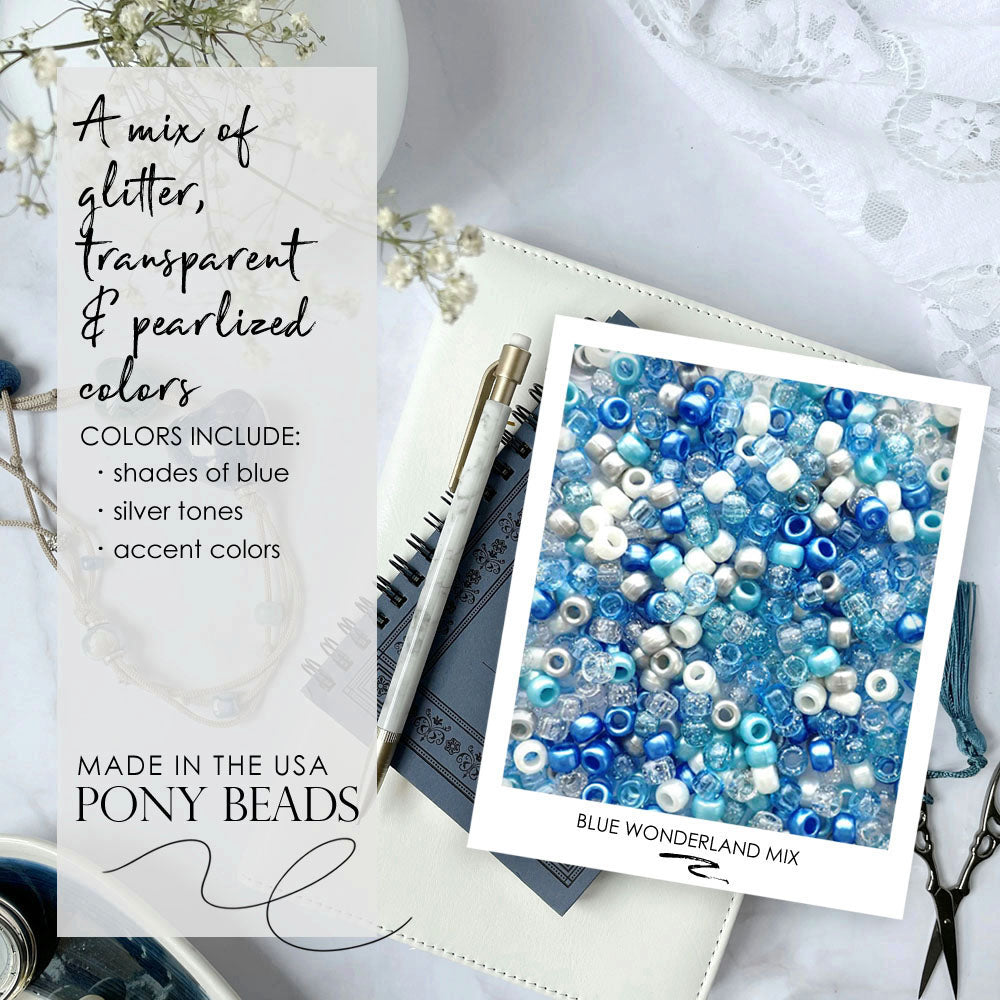 Blue Wonderland Mix Plastic Pony Beads. Size 6 x 9 mm. Craft Beads. Made in the USA.