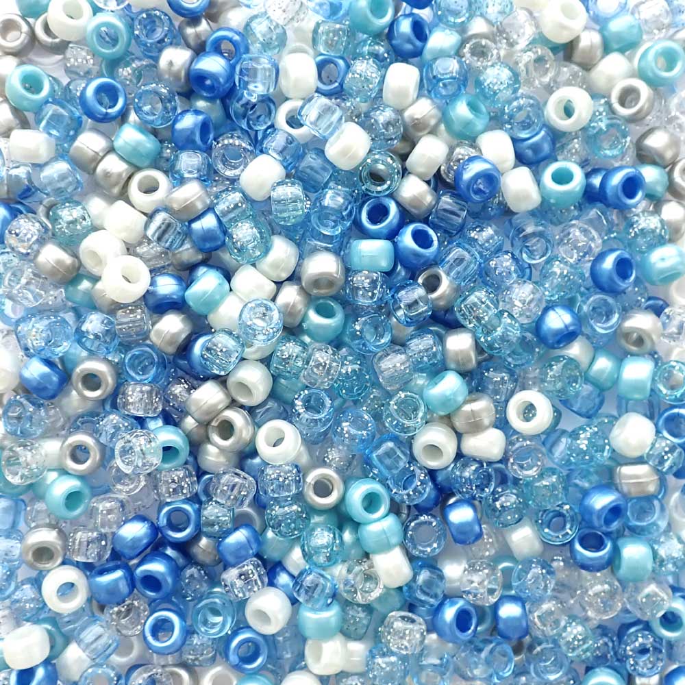 Blue Wonderland Mix Plastic Pony Beads. Size 6 x 9 mm. Craft Beads. Made in the USA.
