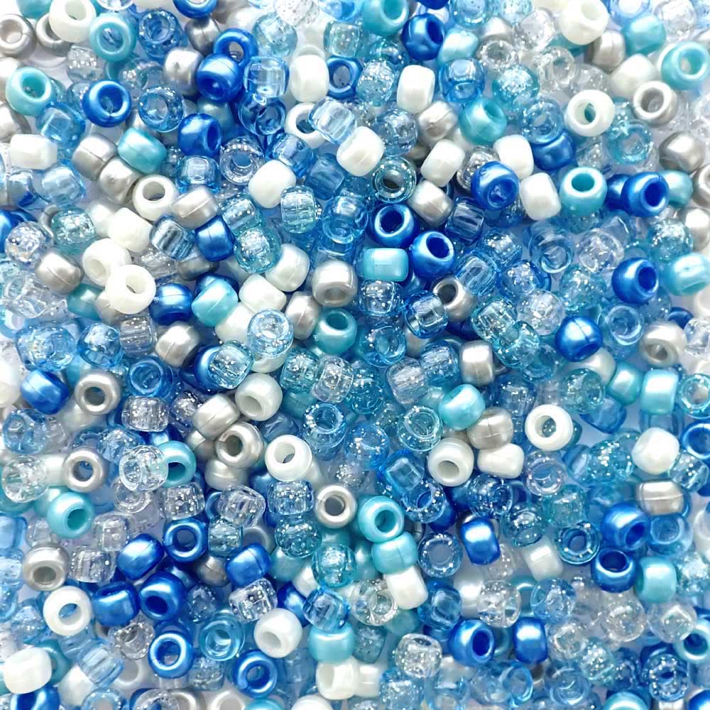 Blue Wonderland Mix Plastic Pony Beads. Size 6 x 9 mm. Craft Beads. Made in the USA.
