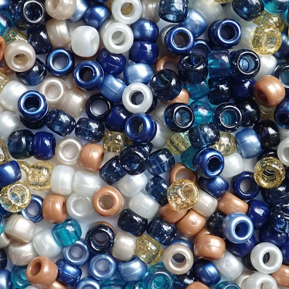 Shades of blue and earth tones mix of Plastic Pony Beads. Size 6 x 9 mm. Craft Beads for making bracelets, jewelry making, arts & crafts.