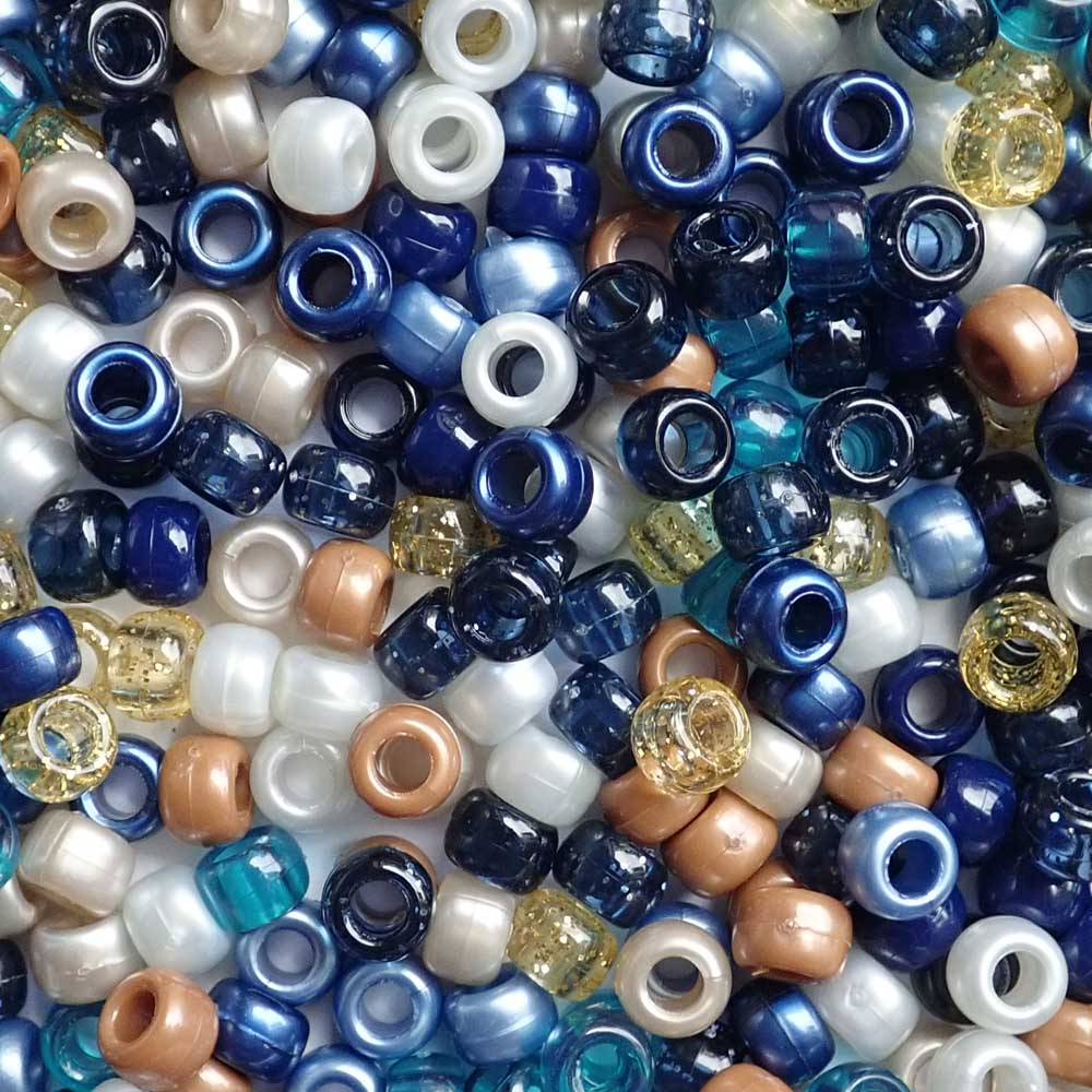 Shades of blue and earth tones mix of Plastic Pony Beads. Size 6 x 9 mm. Craft Beads for making bracelets, jewelry making, arts & crafts.