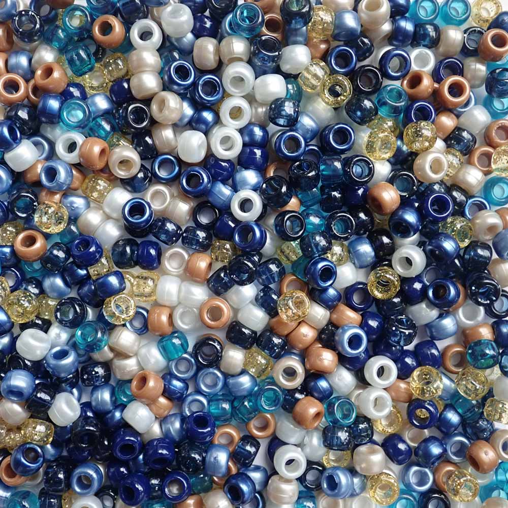 Shades of blue and earth tones mix of Plastic Pony Beads. Size 6 x 9 mm. Craft Beads for making bracelets, jewelry making, arts & crafts.