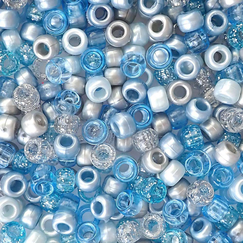 Blue Ice Mix Plastic Pony Beads. Size 6 x 9 mm. Craft Beads. Made in the USA.