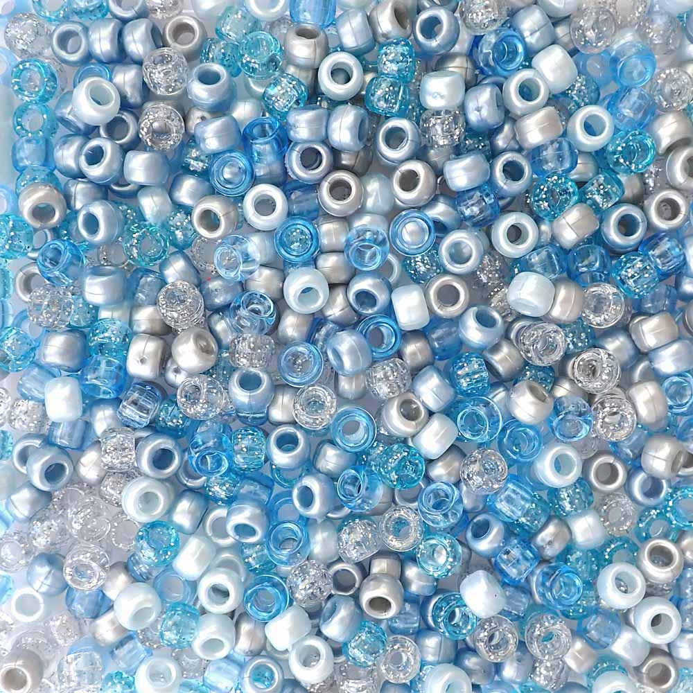 Blue Ice Mix Plastic Pony Beads. Size 6 x 9 mm. Craft Beads. Made in the USA.