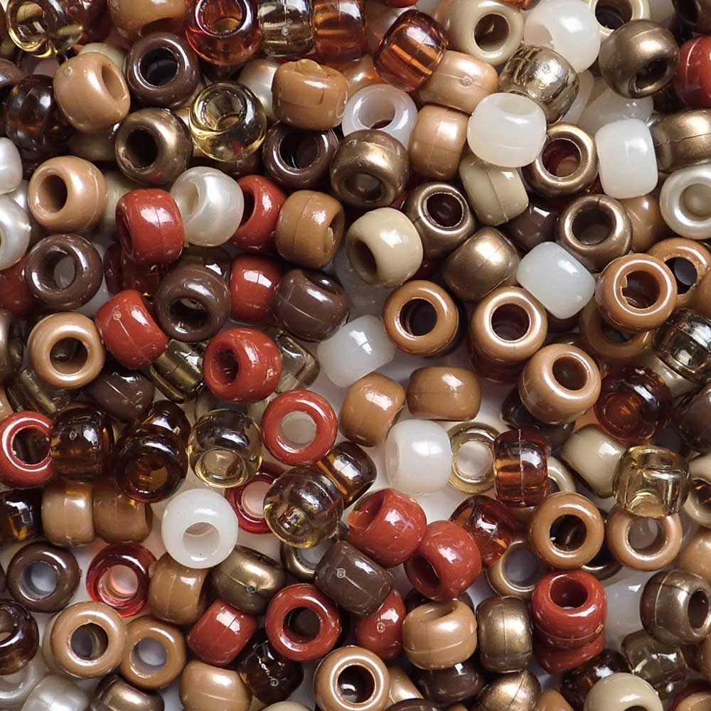 Shades of brown mix of Plastic Pony Beads. Size 6 x 9 mm. Craft Beads for making bracelets, jewelry making, arts & crafts.