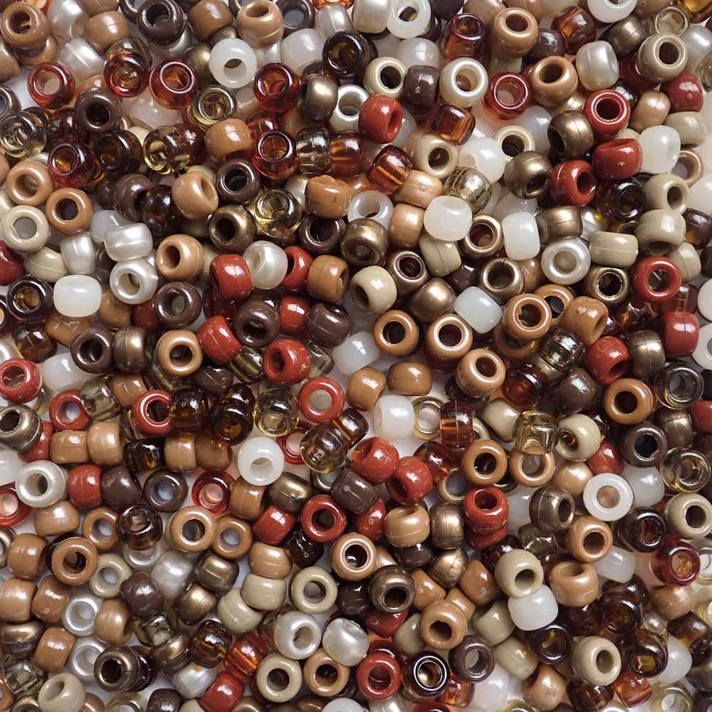 Shades of brown mix of Plastic Pony Beads. Size 6 x 9 mm. Craft Beads for making bracelets, jewelry making, arts & crafts.