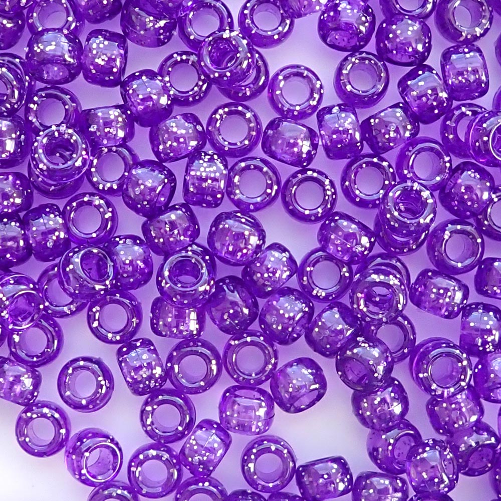 Amethyst Purple Glitter Plastic Pony Beads. Size 6 x 9 mm. Craft Beads. Made in the USA.