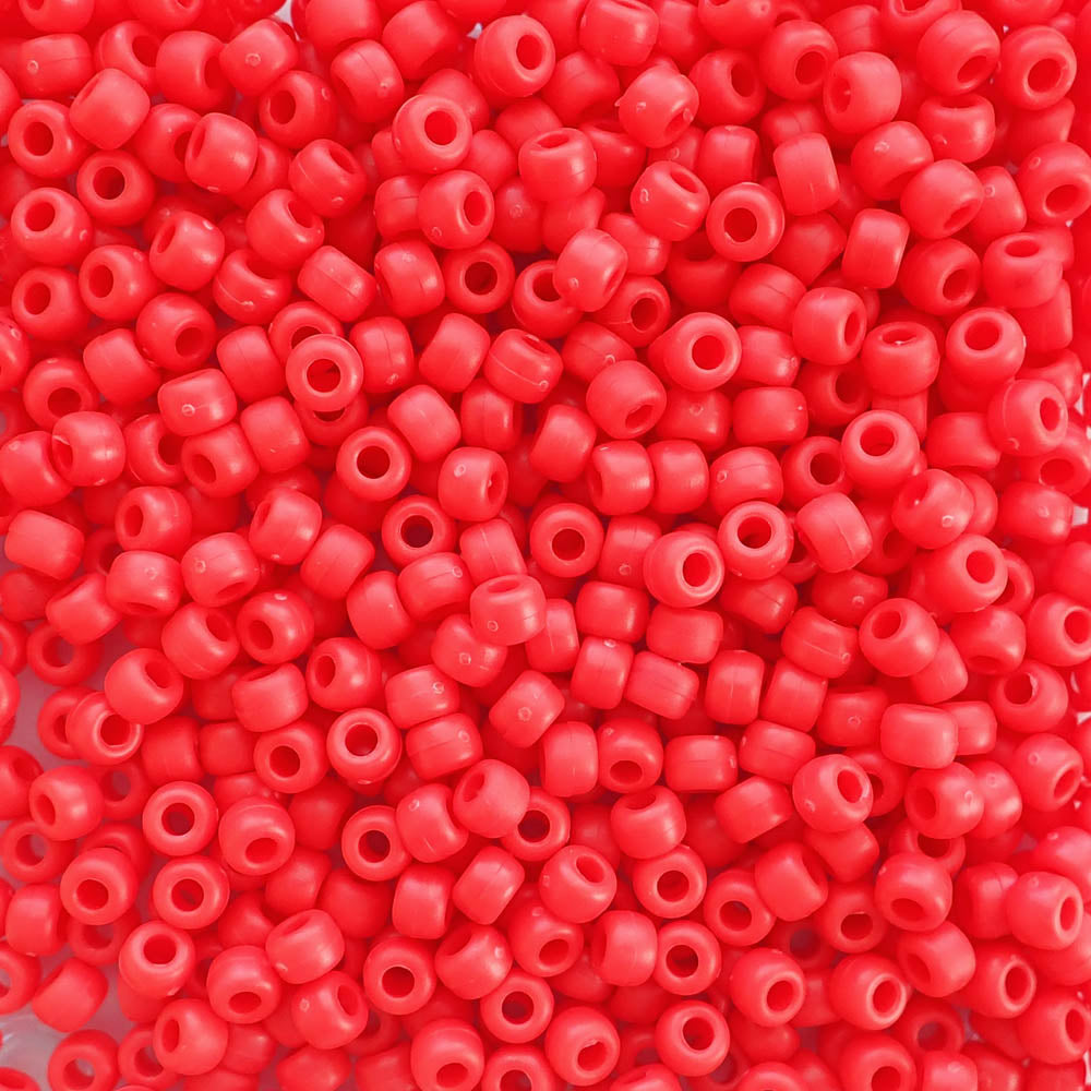 Matte Neon Red Plastic Pony Beads. Size 6 x 9 mm. Craft Beads.