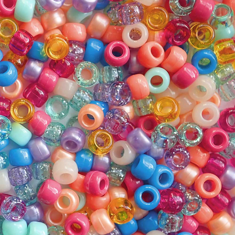 Beach Party Mix Plastic Pony Beads. Size 6 x 9 mm. Craft Beads. Made in the USA.