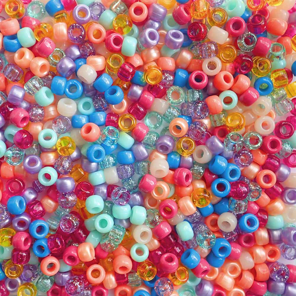 Beach Party Mix Plastic Pony Beads. Size 6 x 9 mm. Craft Beads. Made in the USA.