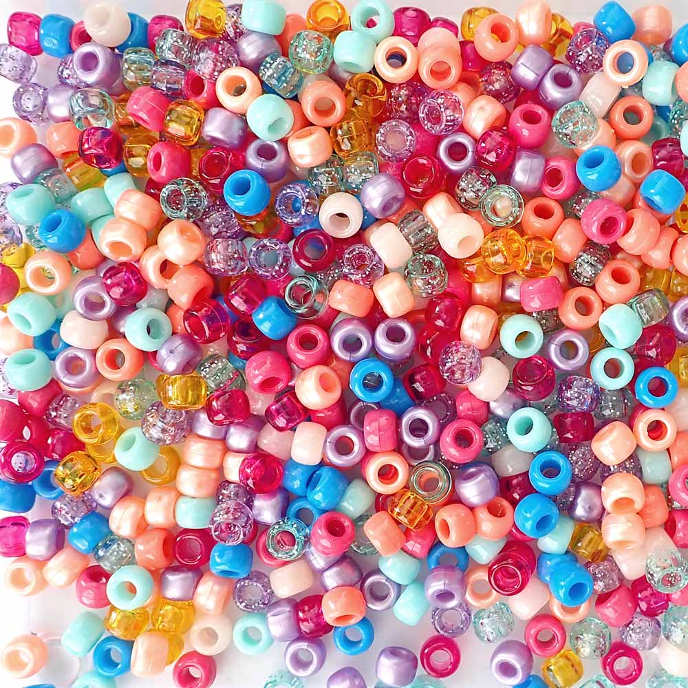 Beach Party Mix Plastic Pony Beads. Size 6 x 9 mm. Craft Beads. Made in the USA.