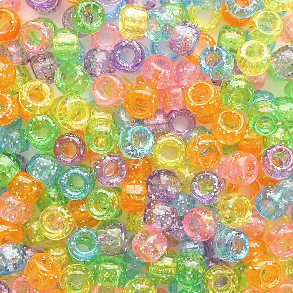 Carnival Glitter Plastic Pony Beads. Size 6 x 9 mm. Craft Beads. Made in the USA.