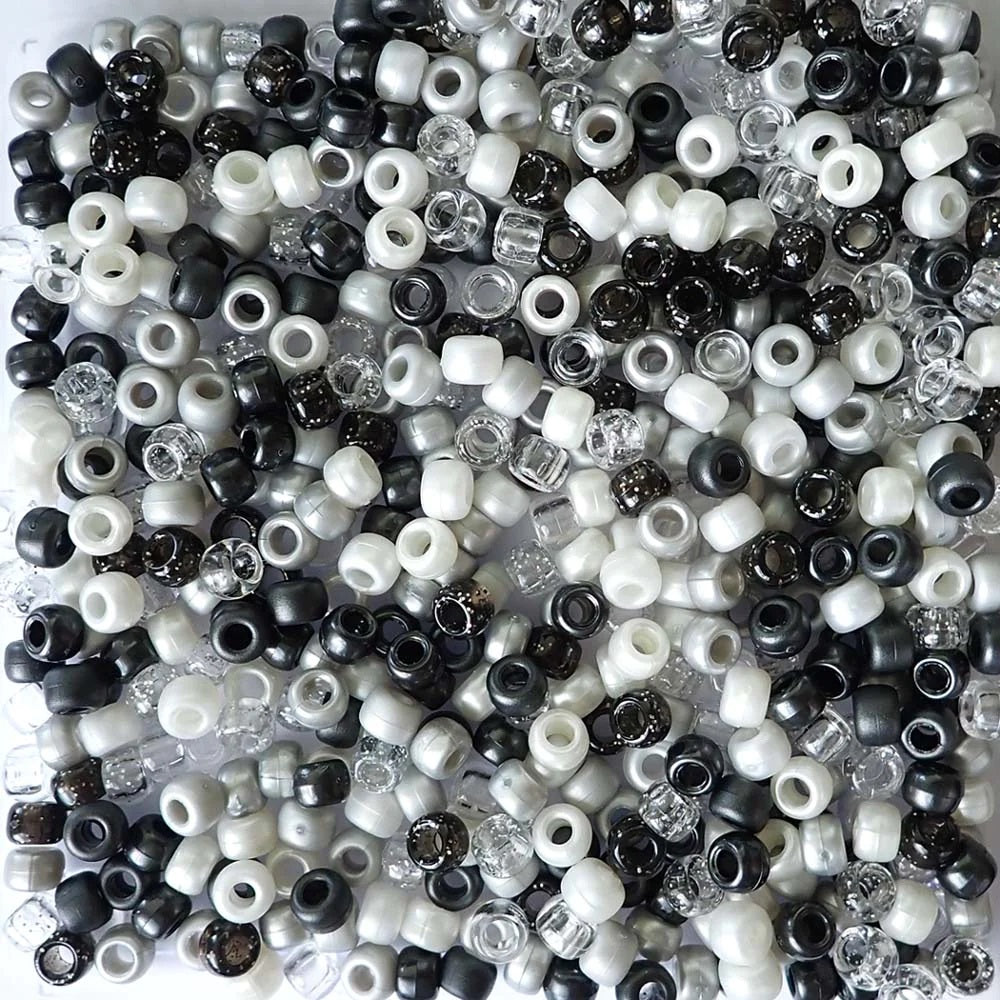 Black Tie Mix Plastic Pony Beads. Size 6 x 9 mm. Craft Beads. Made in the USA.