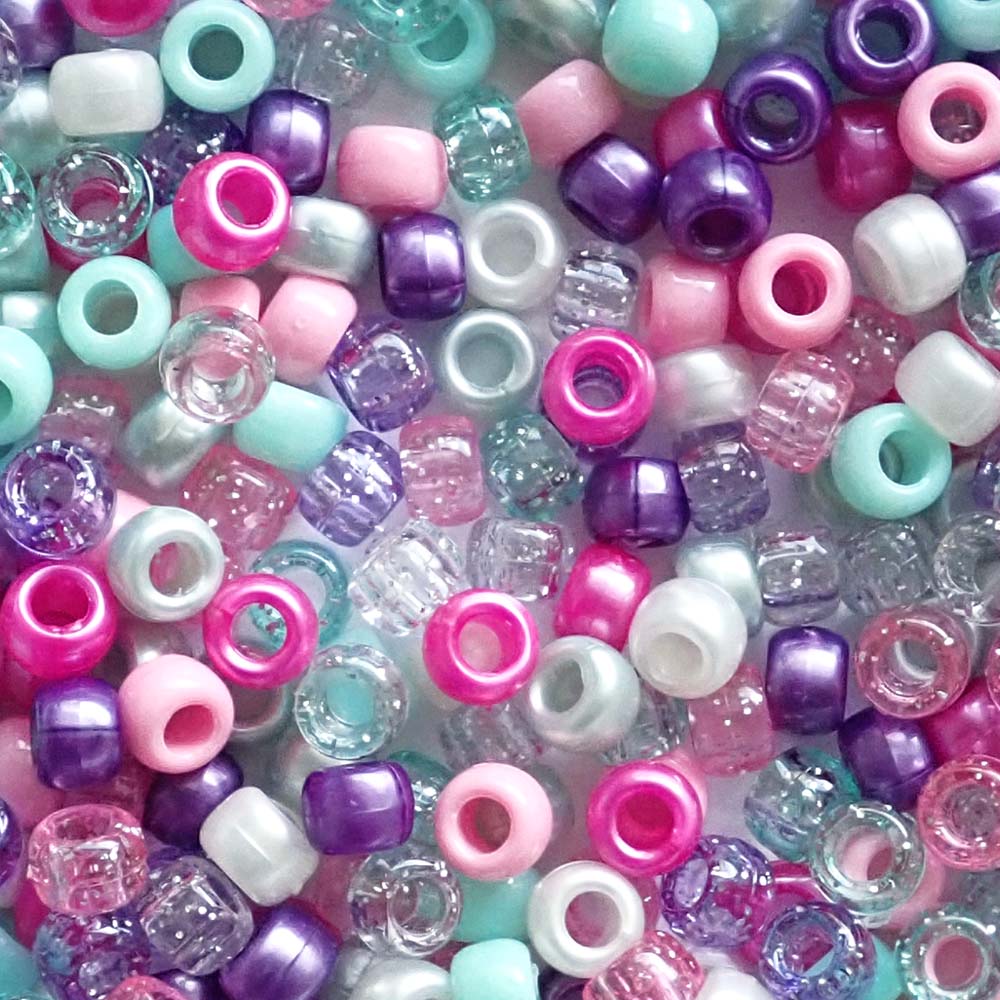 Pink, Purple & Aqua Mix Plastic Pony Beads. Size 6 x 9 mm. Craft Beads for making bracelets, jewelry making, arts & crafts.