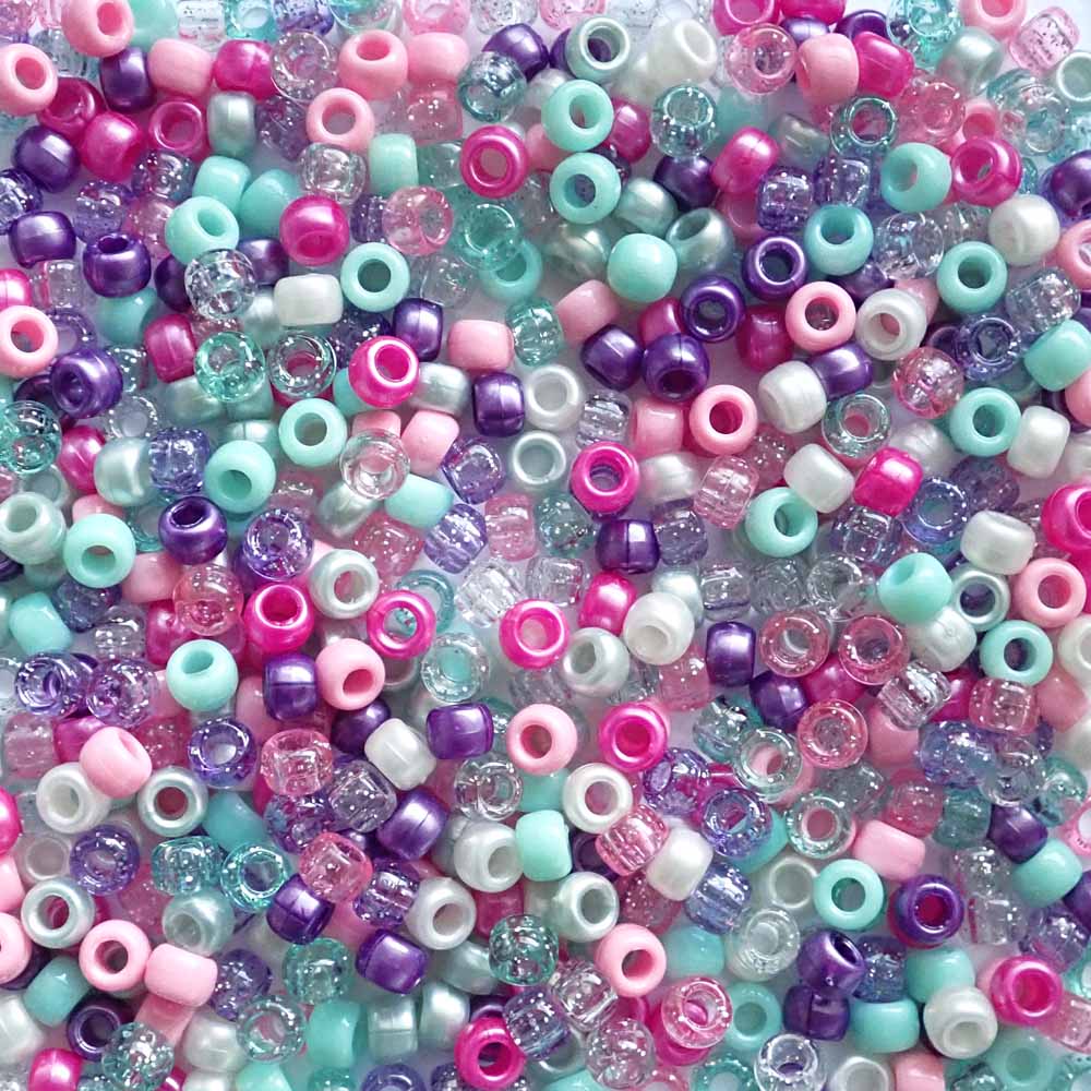 Pink, Purple and Aqua Mix Plastic Pony Beads. Size 6 x 9 mm. Craft Beads for making bracelets, jewelry making, arts & crafts.