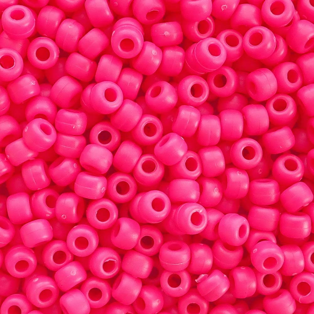Matte Neon Pink Plastic Pony Beads. Size 6 x 9 mm. Craft Beads.