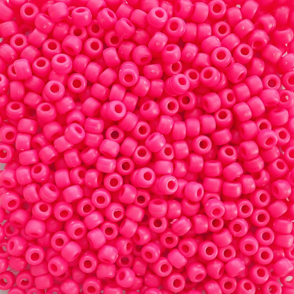 Matte Neon Pink Plastic Pony Beads. Size 6 x 9 mm. Craft Beads.