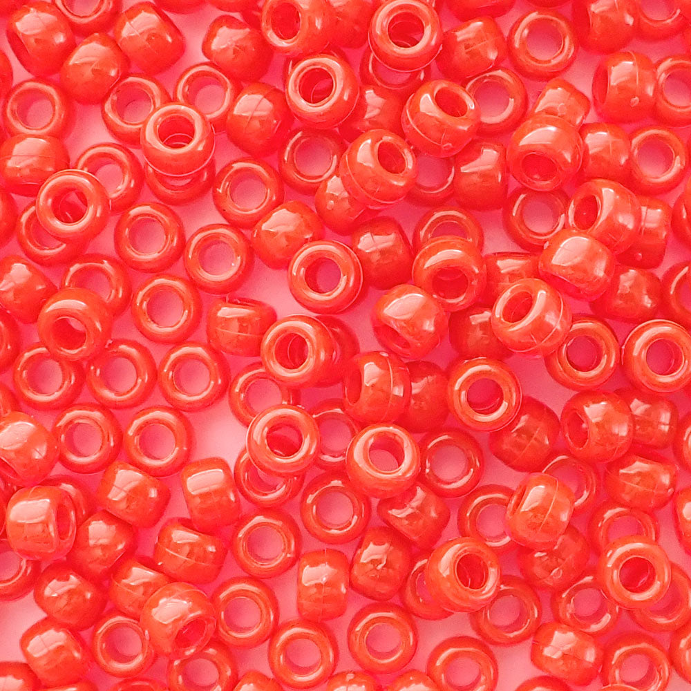 Fire Red Plastic Pony Beads. Size 6 x 9 mm. Craft Beads. Made in the USA.
