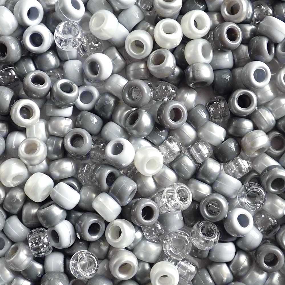 Different shades of gray of Plastic Pony Beads. Size 6 x 9 mm. Craft Beads for making bracelets, jewelry making, arts & crafts.