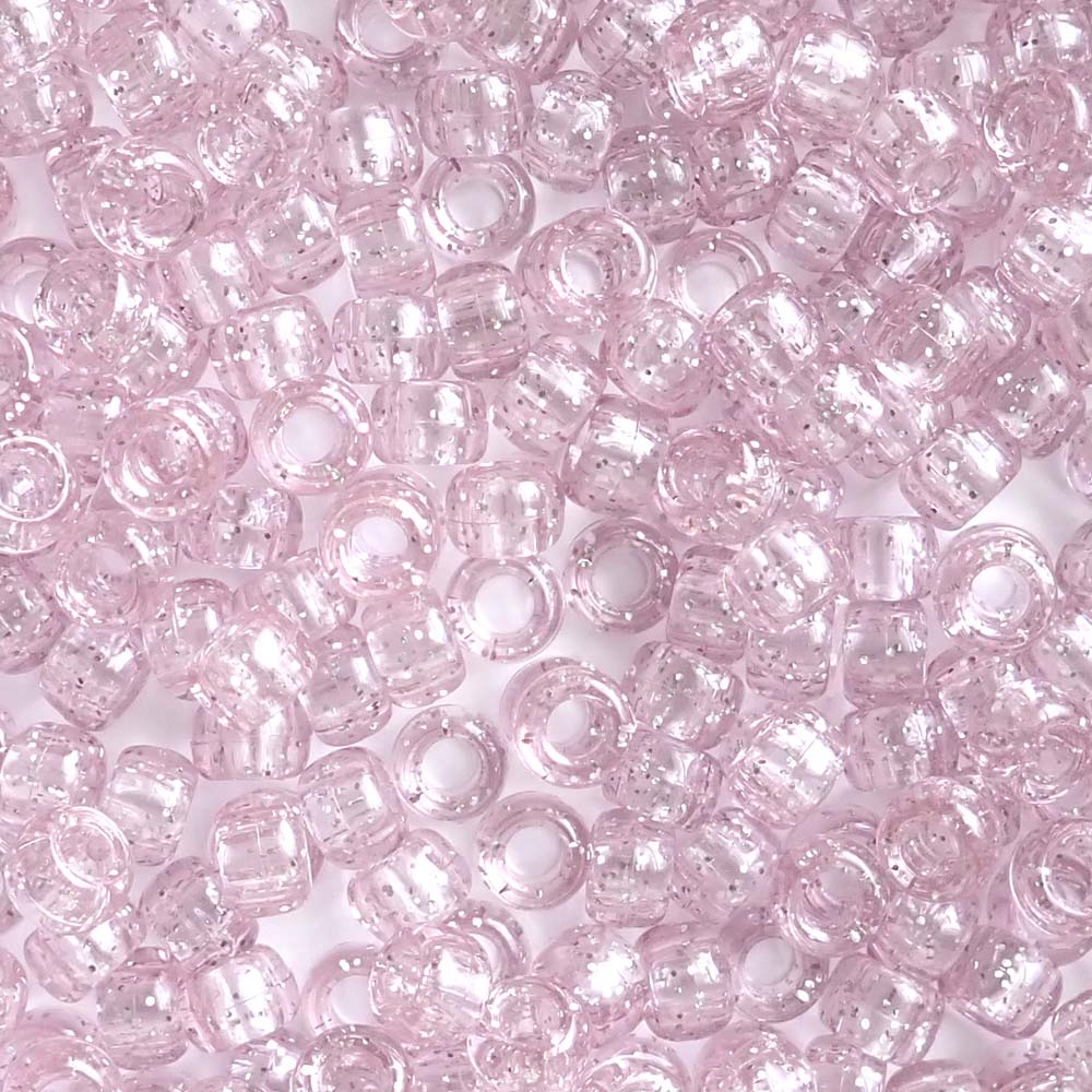 Pale Pink Glitter Plastic Pony Beads. Size 6 x 9 mm. Craft Beads.