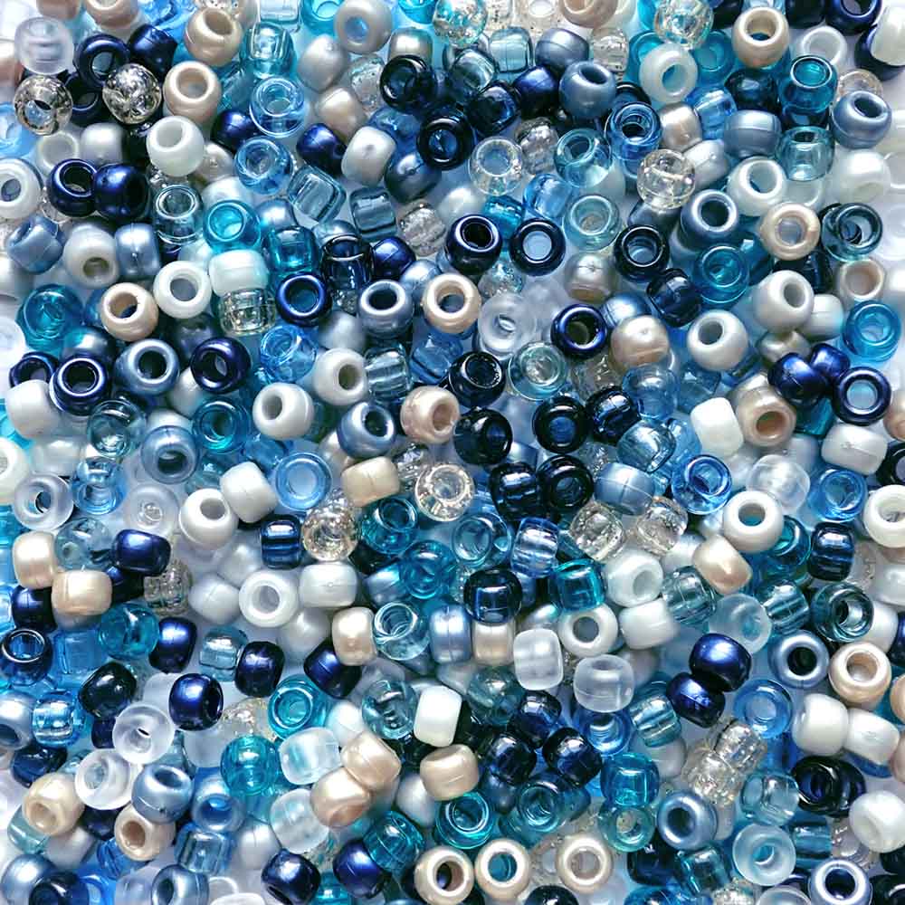 Ocean Inspired Color Mix of Plastic Pony Beads. Size 6 x 9 mm. Craft Beads for making bracelets, jewelry making, arts & crafts.