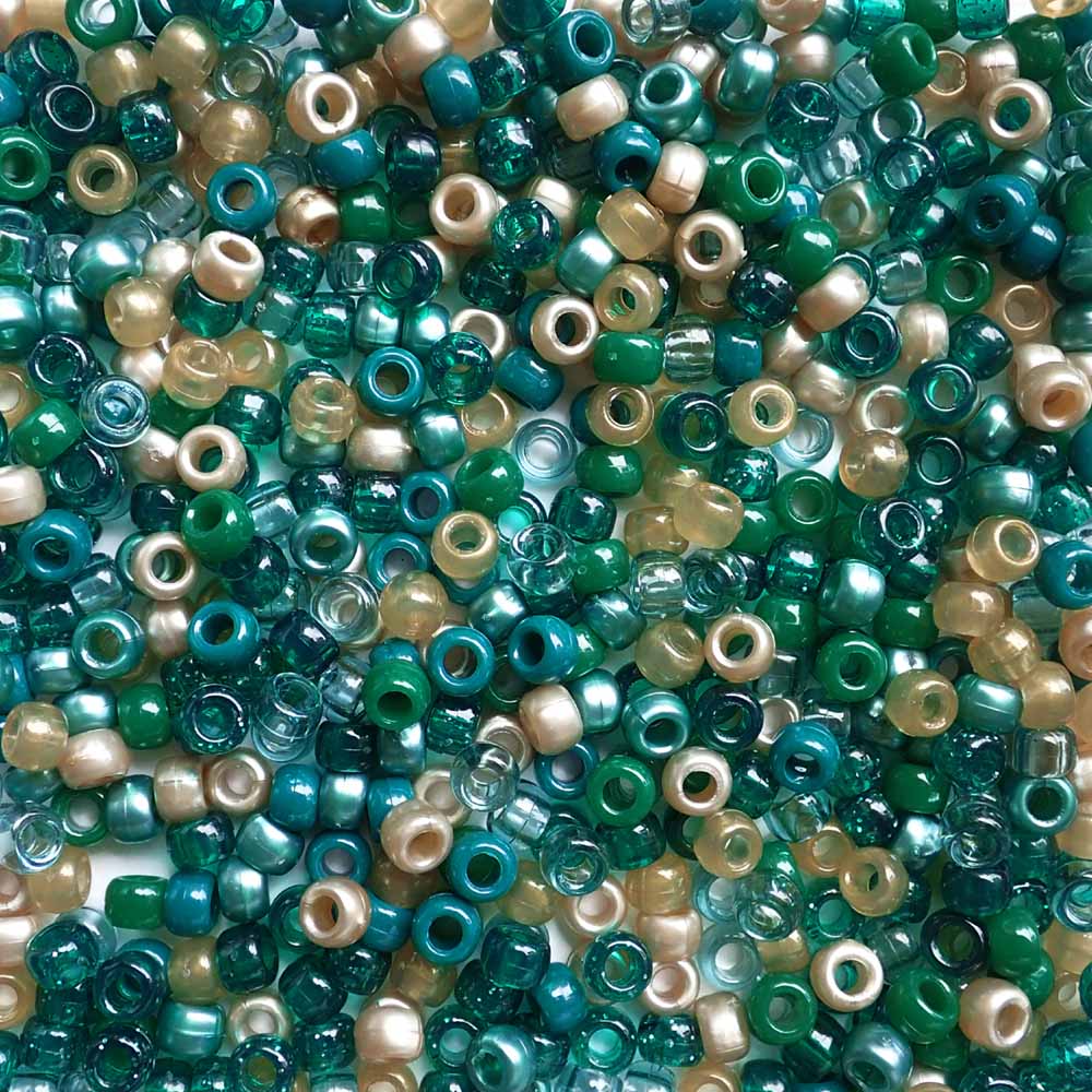 Shades of teal and neutrals mix of Plastic Pony Beads. Size 6 x 9 mm. Craft Beads for making bracelets, jewelry making, arts & crafts.