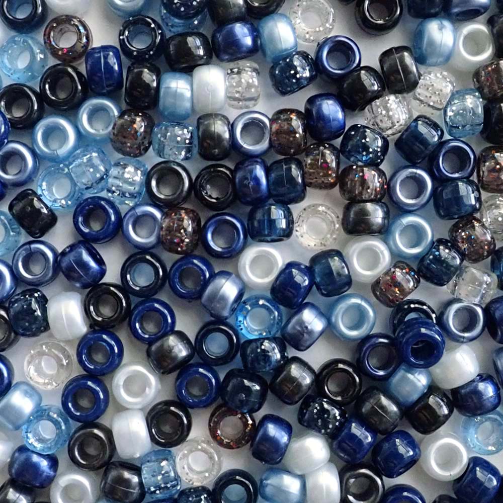 Blue & Black Mix Plastic Pony Beads. Size 6 x 9 mm. Craft Beads for making bracelets, jewelry making, arts & crafts.