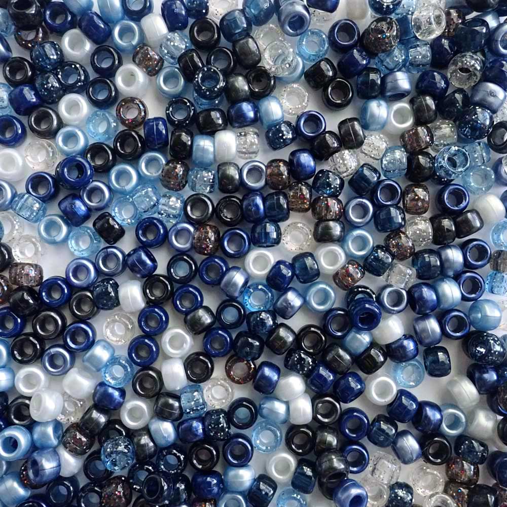 Blue & Black Mix Plastic Pony Beads. Size 6 x 9 mm. Craft Beads for making bracelets, jewelry making, arts & crafts.