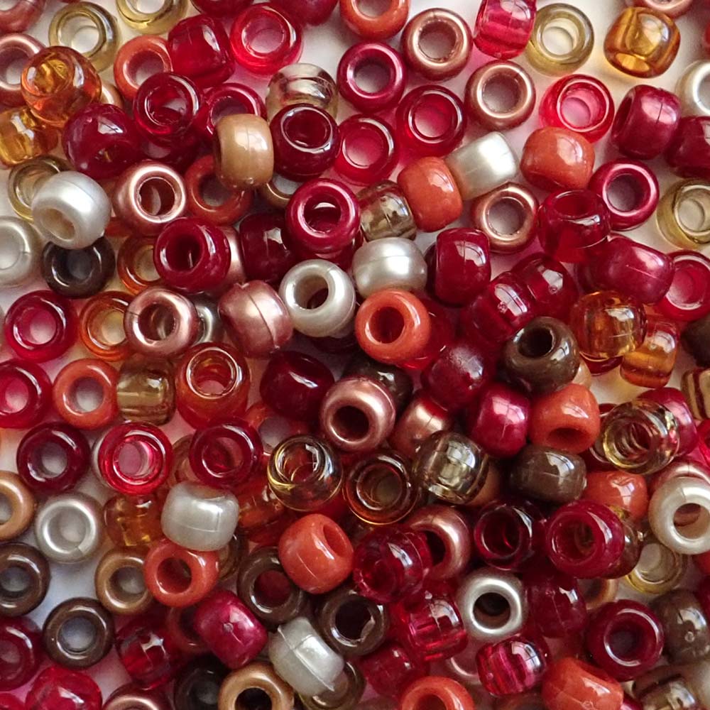 Red Earth Tones Mix Plastic Pony Beads. Size 6 x 9 mm. Craft Beads for making bracelets, jewelry making, arts & crafts.