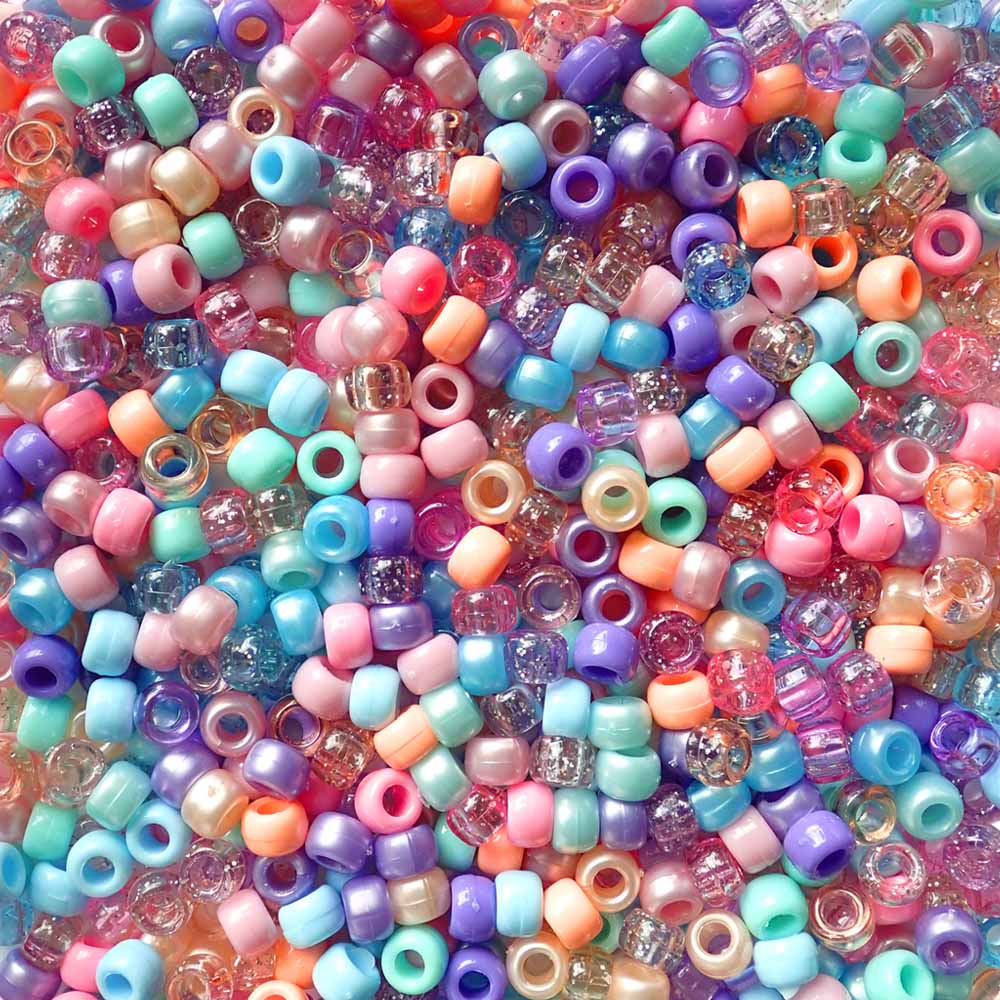 Pastel Glam Mix Plastic Pony Beads, 6x9mm, 500 beads