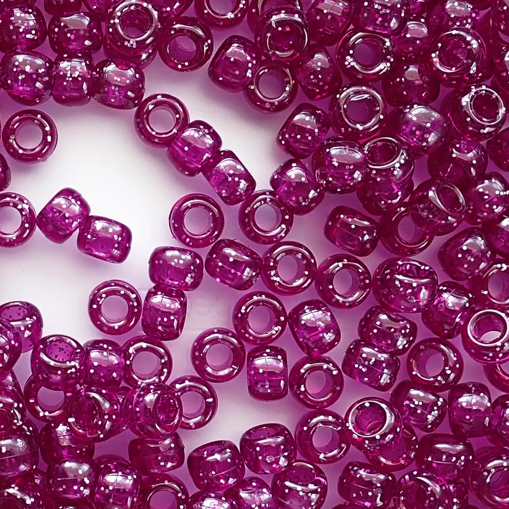 Dark Magenta Glitter Plastic Pony Beads. Size 6 x 9 mm. Craft Beads. Made in the USA.