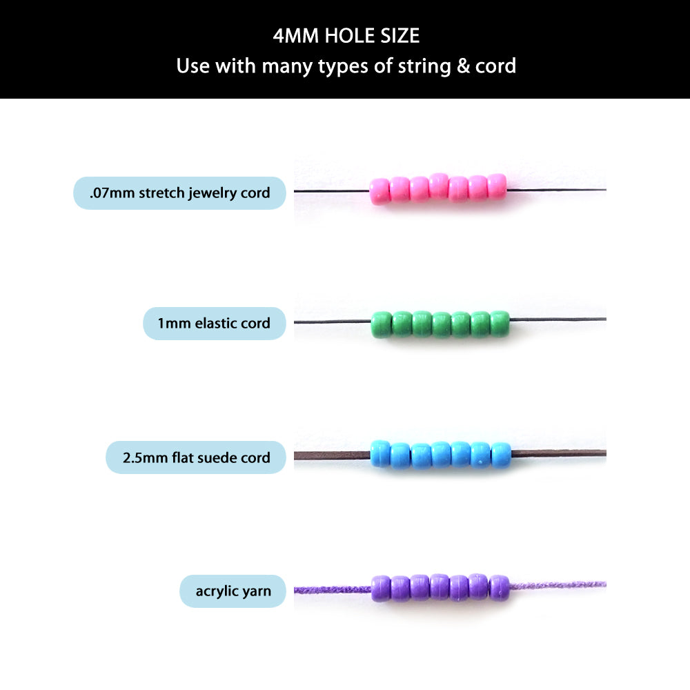 chart showing pony beads with different types of string, elastic & cord