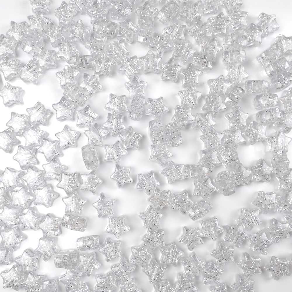 Silver glitter Star Plastic Pony Beads, 13mm, 125 beads