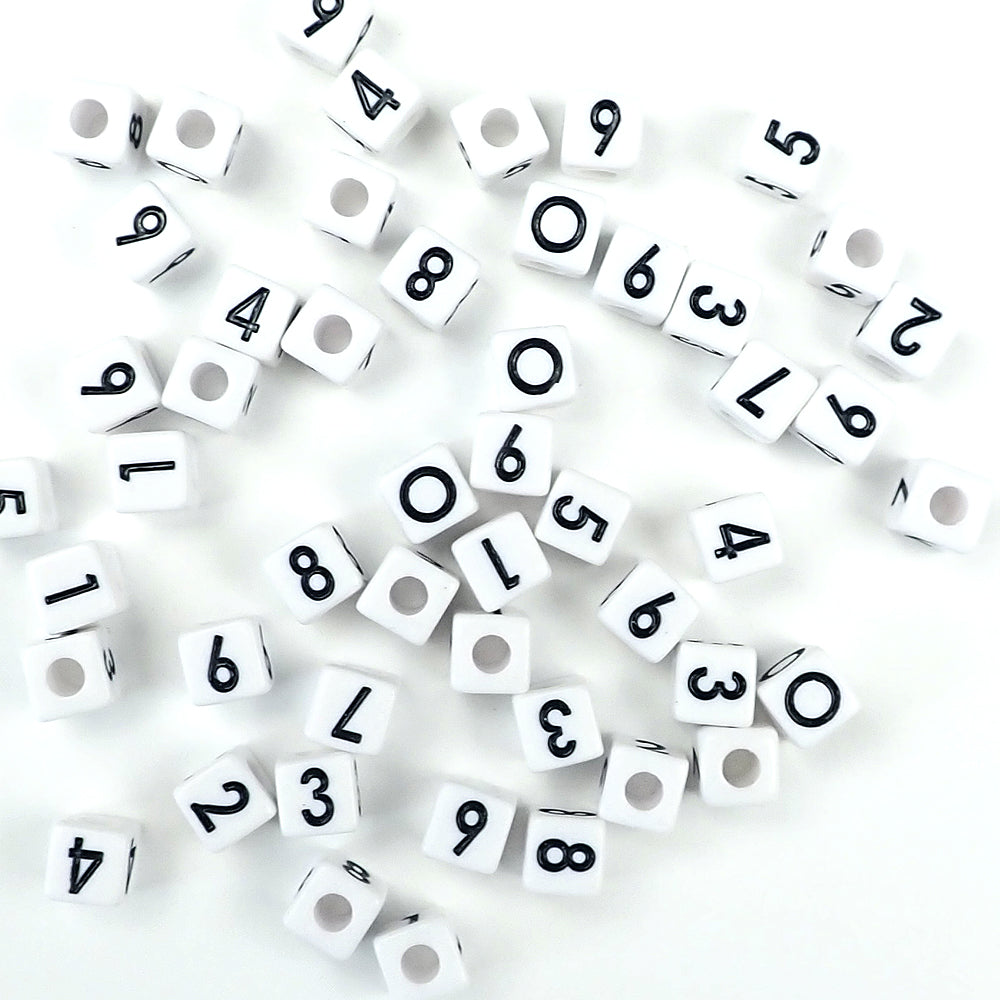 Plastic White 8mm Cube Vertical Hole Number Beads, Single Numbers, 35 beads