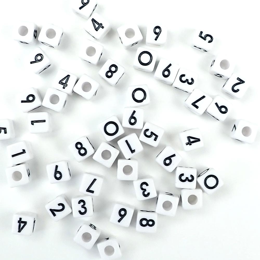 Plastic White Vertical Hole Number Beads, Random Mix 0-9, 8mm Cube, 300 beads