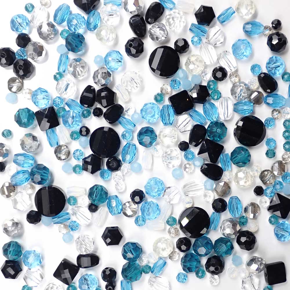 Aqua Blue Black Crystal Bead Mix, Mixed Shapes & Sizes, 250 beads