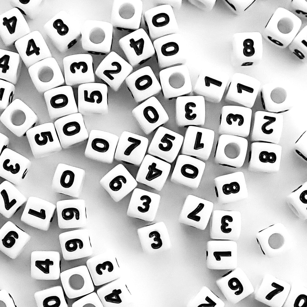 Plastic White 7mm Cube Number Beads, (Horizontal), Single Numbers, 75 beads