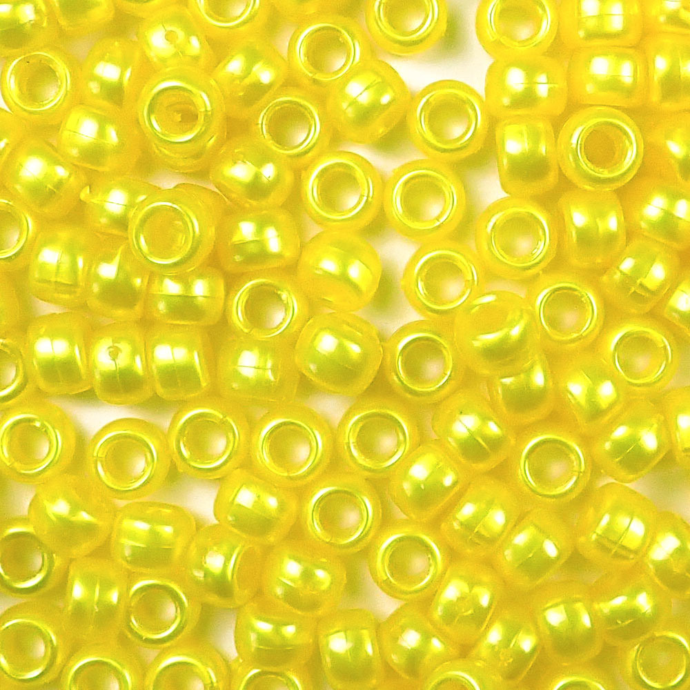 Yellow Pearl Plastic Pony Beads. Size 6 x 9 mm. Craft Beads. Made in the USA.