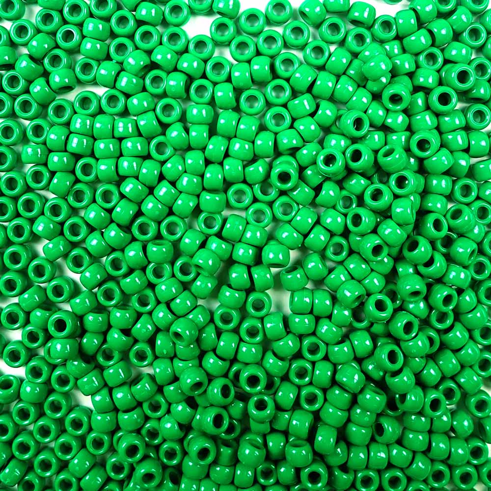 Green Opaque Plastic Pony Beads. Size 6 x 9 mm. Craft Beads. Made in the USA.