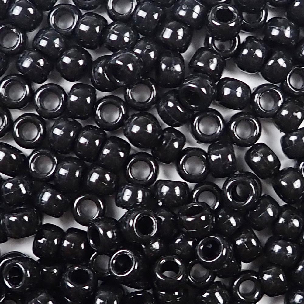 Black Plastic Pony Beads. Size 6 x 9 mm. Craft Beads. Made in the USA.