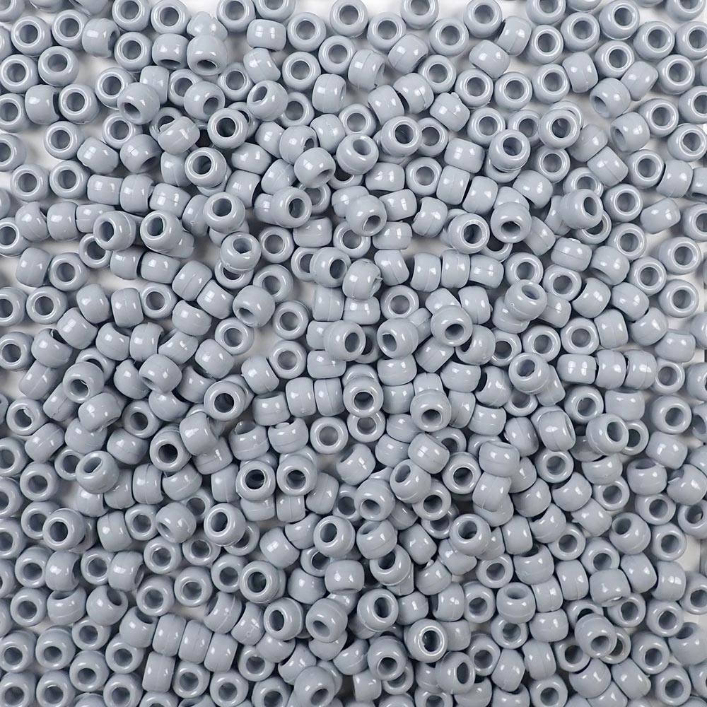 Gray Plastic Pony Beads. Size 6 x 9 mm. Craft Beads. Made in the USA.