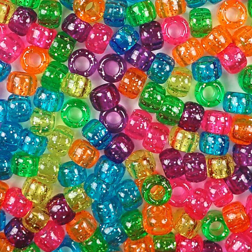 Bright Glitter Plastic Pony Beads. Size 6 x 9 mm. Craft Beads. Made in the USA.