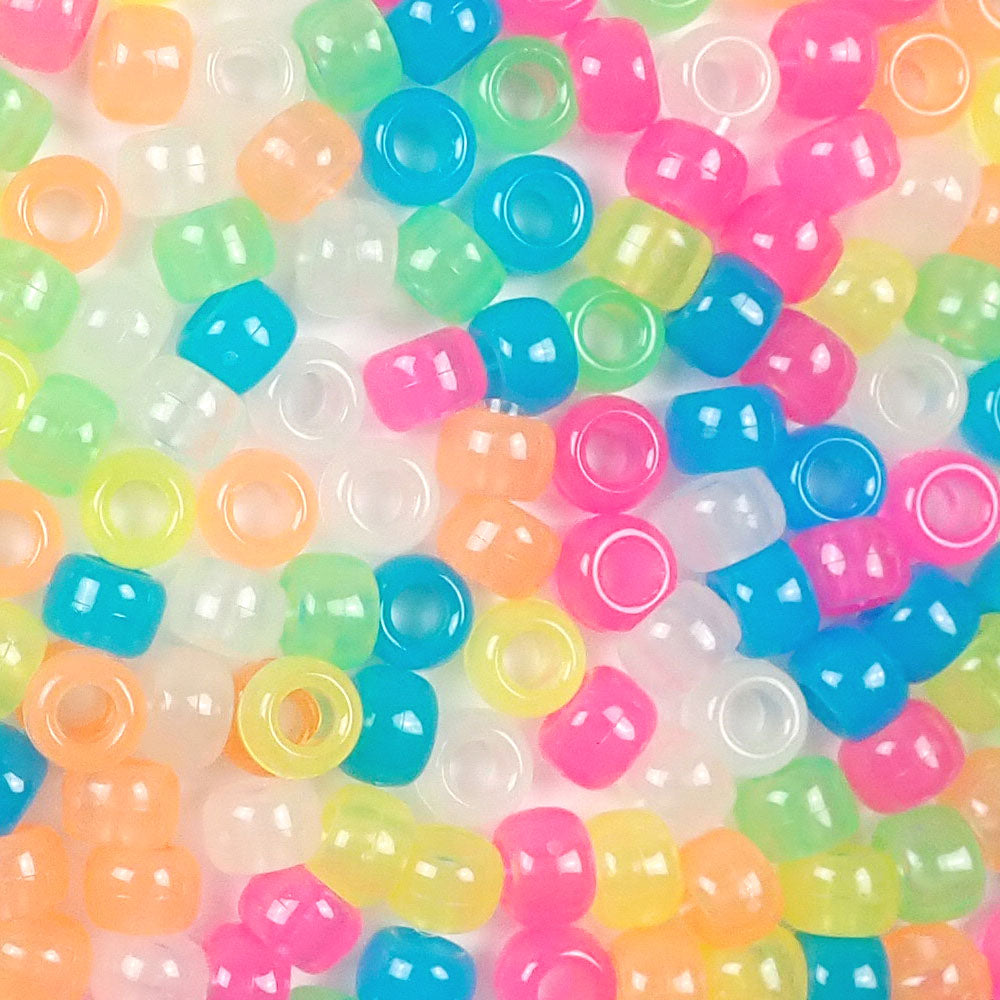 Glow in the Dark Mix Plastic Pony Beads. Size 6 x 9 mm. Craft Beads. Made in the USA.
